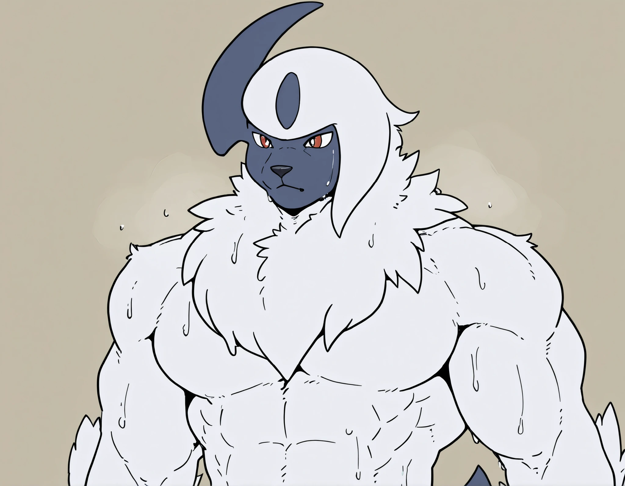 Absol, solo, no humans, pokemon (creature), ((flat color)), male, ((very muscular, heavyweight body)), shirtless, simple background, feral, sweaty
