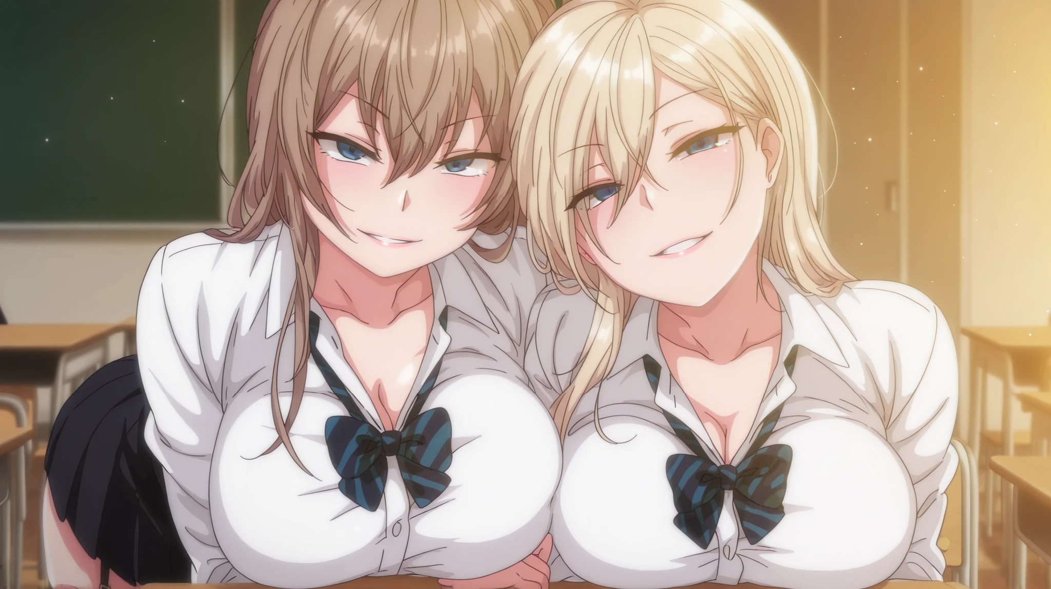 two sexy women who are wives of boy, looking at camera, seductive smiles, portrait, black single bun tied hair, closed eyes, opened mouths moaning, glasses