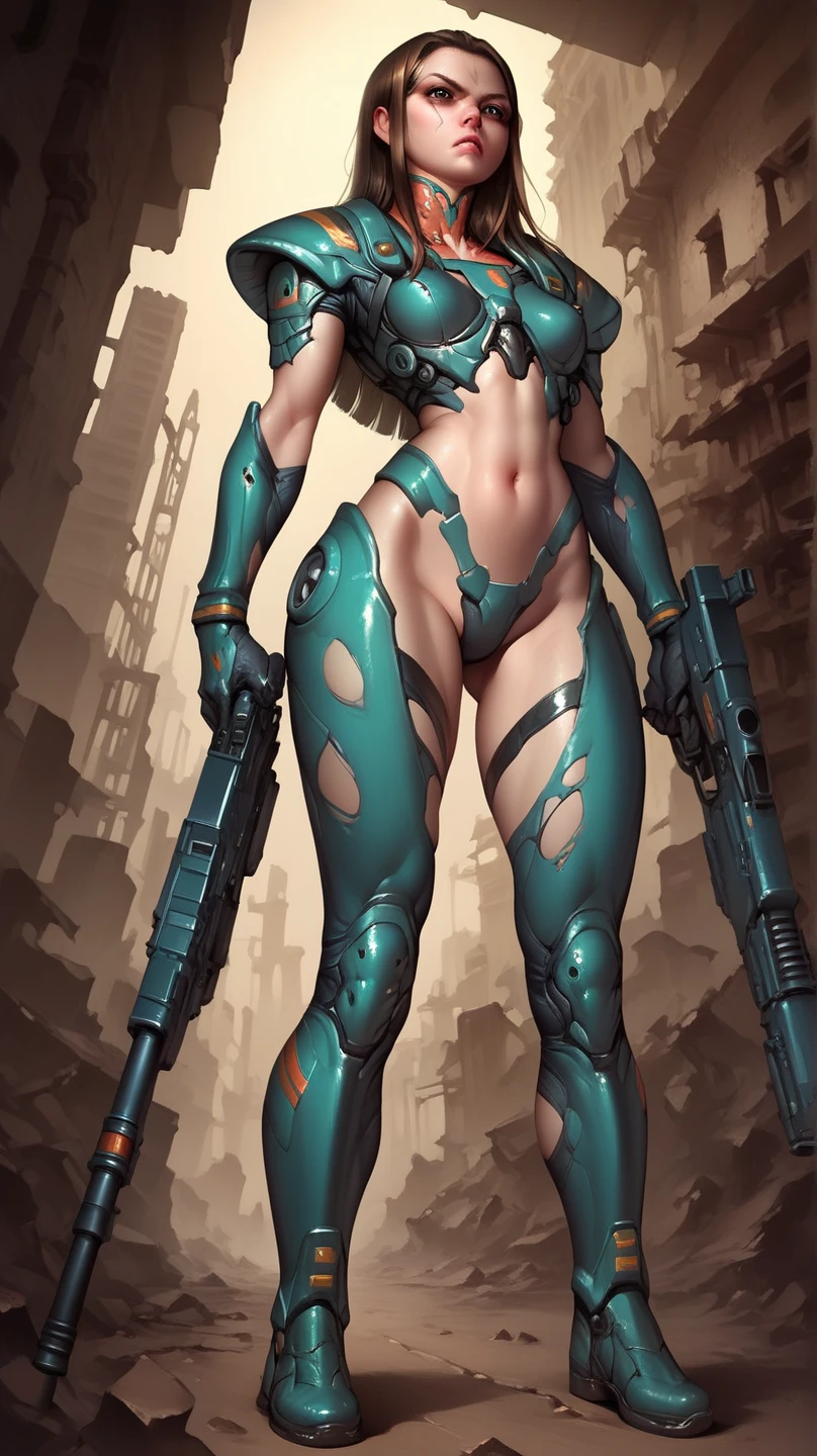thick hips, thick thighs, platform heels, High cut leotard, huge chest, Thin waist, bob haircut, tanned skin, pistol, angry look, shout out, thick body, tight stockings, front back profile, cyberpunk, soldier girl,