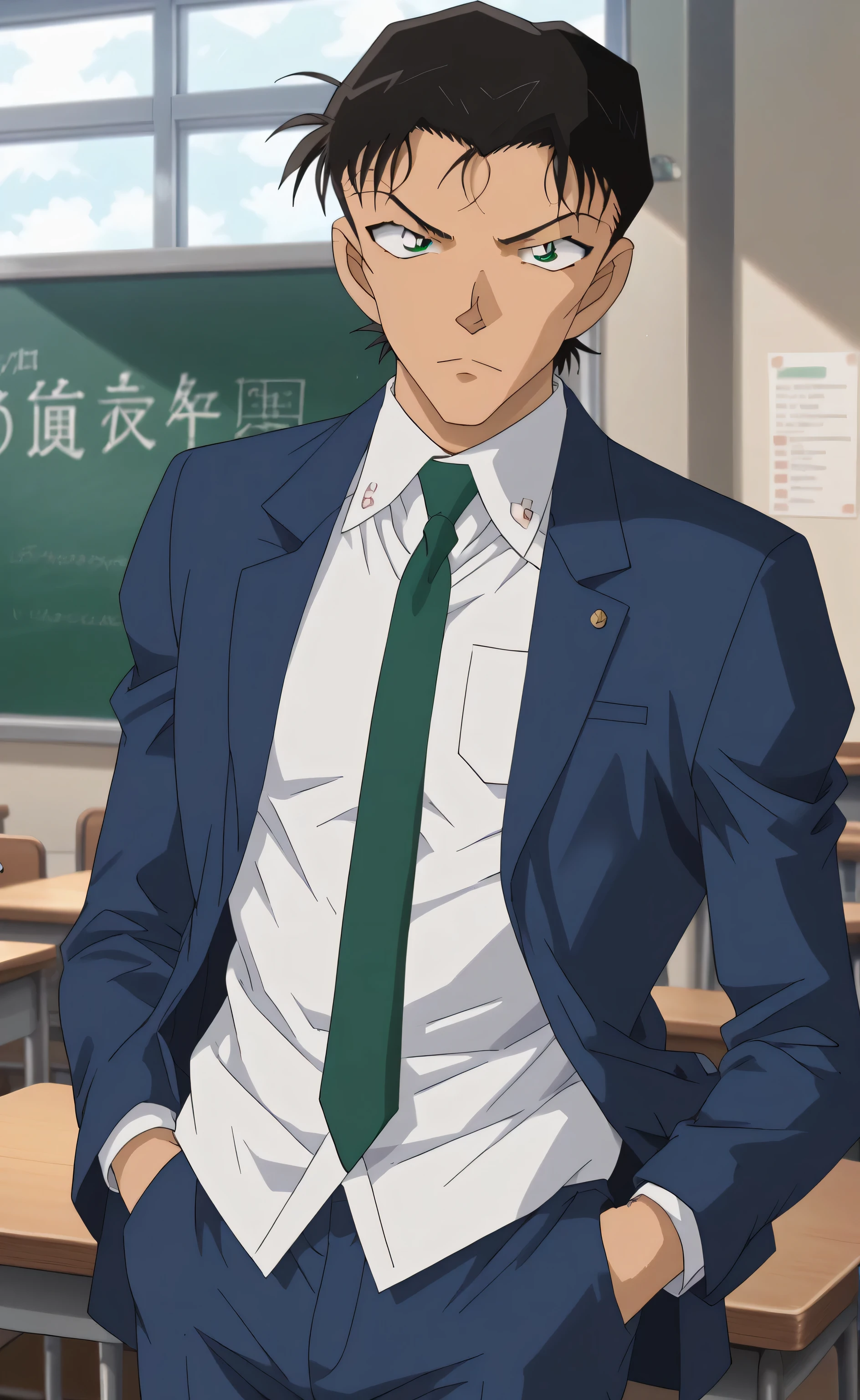 1male,solo,Akai Shuichi,black hair,short hair,slicked back,curly hair,bang,green eyes,blue suit,white shirt,green necktie,blue pants,tan body,Serious face,tall,portrait,classroom,hand in pocket,Detective Conan,