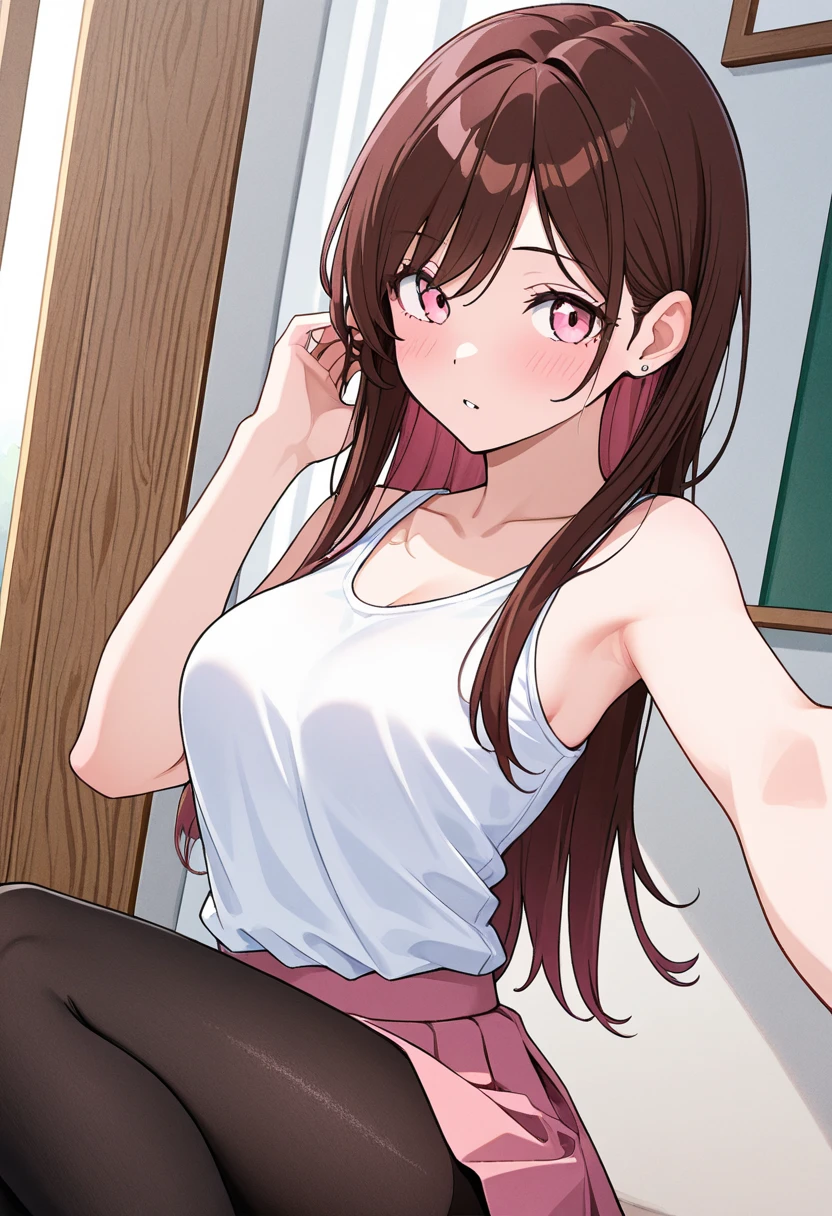 （（super high quality,Ultra-high resolution,16K,super masterpiece,Ultra HD ,Detailed shading,））Full body photo,Dark room at night,Lying in bed,Sexy Mature,（（A pink shirt with a tight standing collar,Cleavage,））,Red pencil skirt,Looking into the camera,Brown medium long hair,Ahegao,happy,blush,Thick lips,Sweaty,A small amount of drooling,