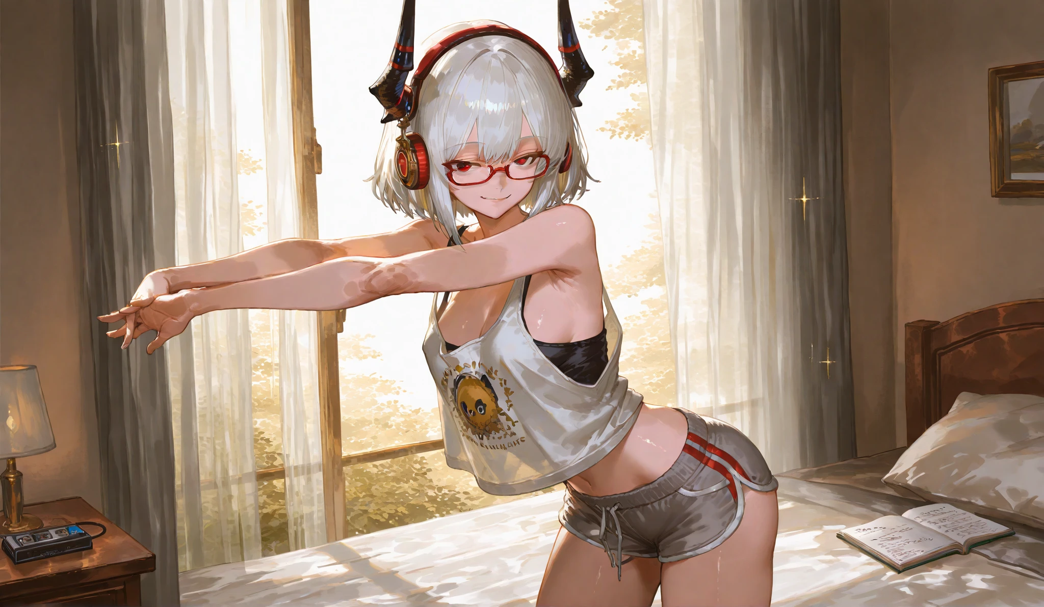 1 girl,,,chest,Pointed chest,chestの谷間,Underbust,Side Bust Barbosa,(Wicked Smile),((Embarrassing)),Spread and (((White Micro Bikini)))round 1(((Lifting the chest)))(View from above))上半身のクローズアップ小さなchest,平らなchest