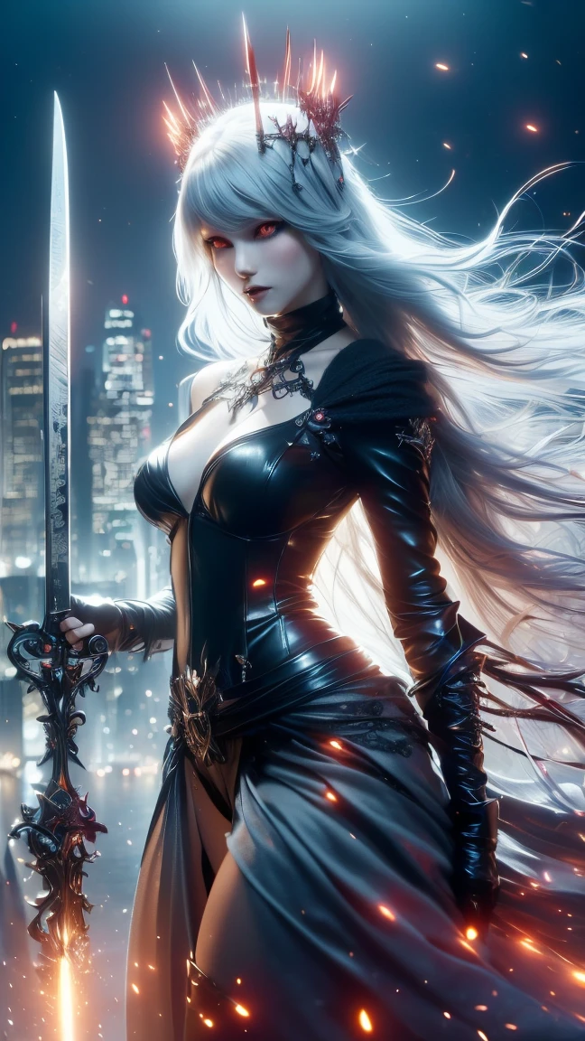((Cool girls)), black clothes, white hair, long hair, sunrise, dark fantasy, village, anime, realistic