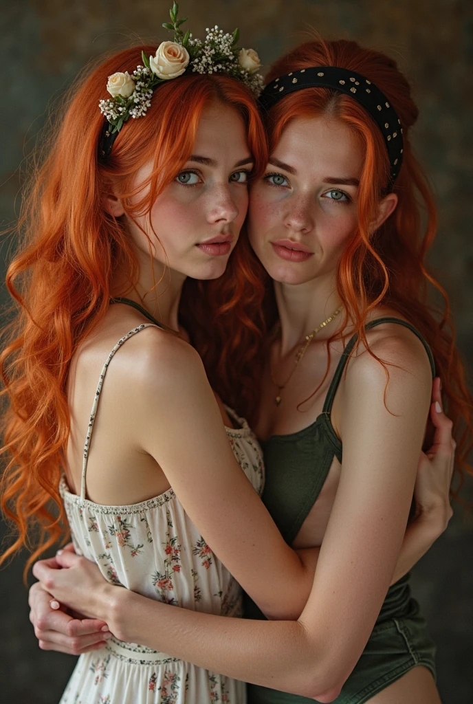 Two angry 12 year old whire girls in nightgowns at a sleepover party. One red head and one blonde