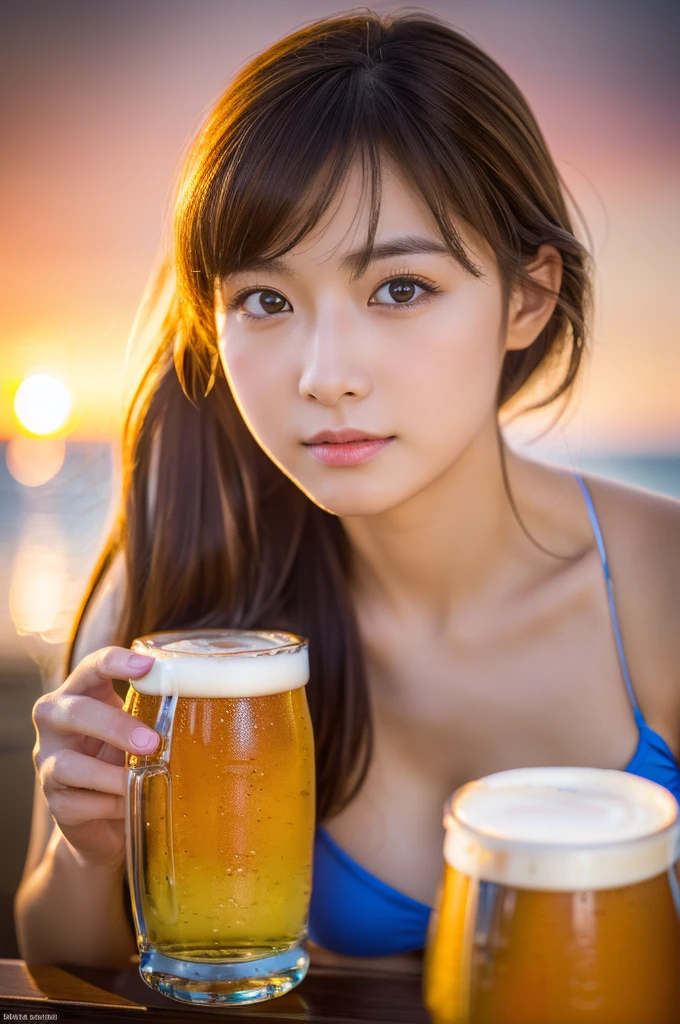 A very cute face like an idol、Looks like a young face、20-year-old female、Gentle and cute、A kind smile、Cleavage、one piece、Beautiful sunset on the beach、A toast with beer、whole body、RAW Photos、Genuine、Artistic、Real Stick、High resolution、Genuine Life、No copyright notice
