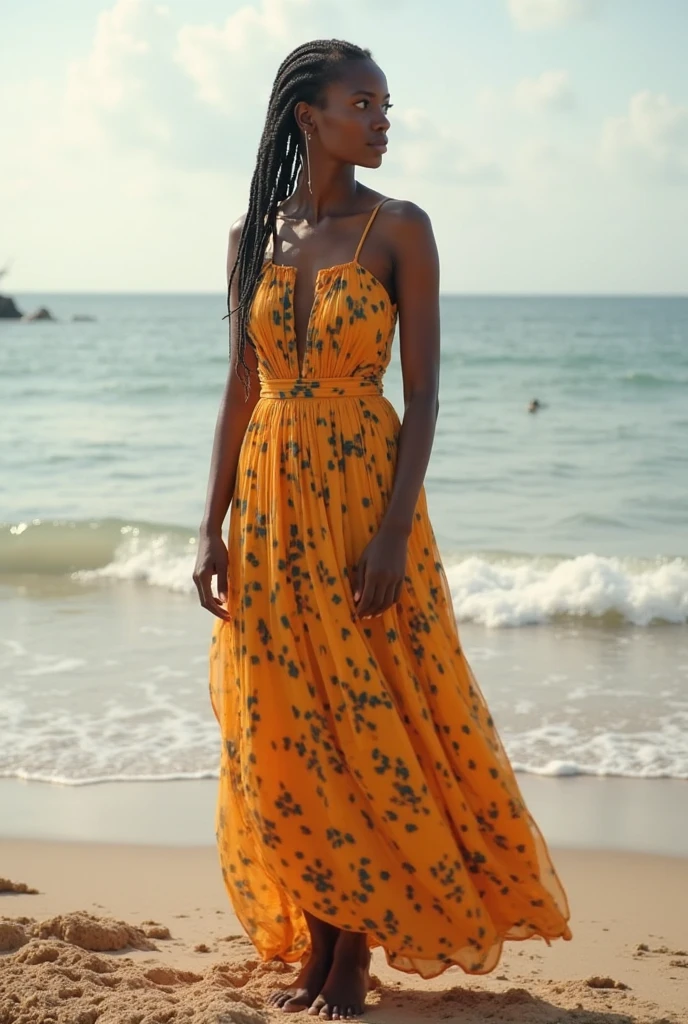 Capture the essence of summer elegance with an African model in her 20s, exuding confidence and grace in a luxurious outdoor setting. The model is posed gracefully in a stylish summer outfit, with the warm sunlight enhancing the vibrant colors and textures of her attire. The backdrop features a lush garden or a chic poolside, emphasizing the timeless beauty of her style.