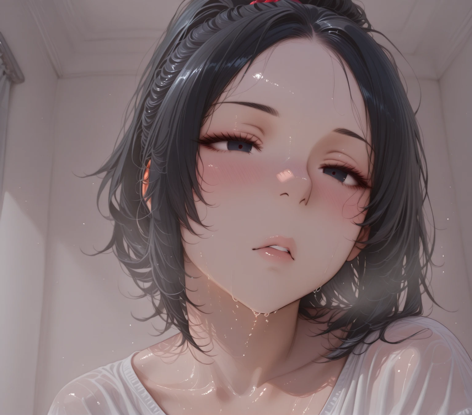 Close up portrait of woman with closed eyes and perfect lips apart, blush very hard, Kissable face and lips, fabulous makeup, against a wall