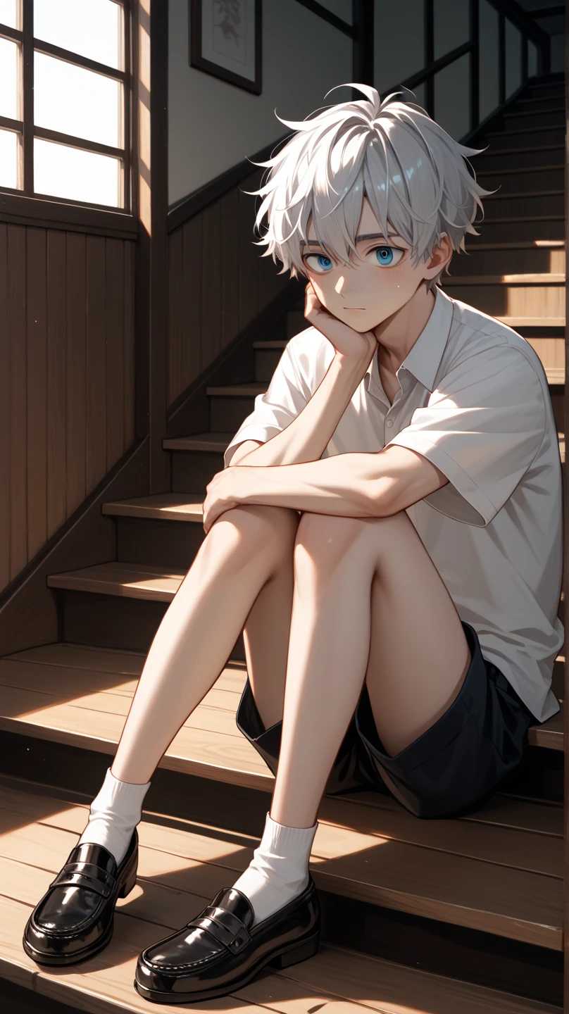 A cute and charming boy,White color hair,in a white shirt,He looked sad,Barefoot,sat on the ground。The blush gradually rises,Shy, But handsome。The picture style is fresh and simple,Rendered like a comic,The lens is shown as a vista,(Anime style+Soft cute)