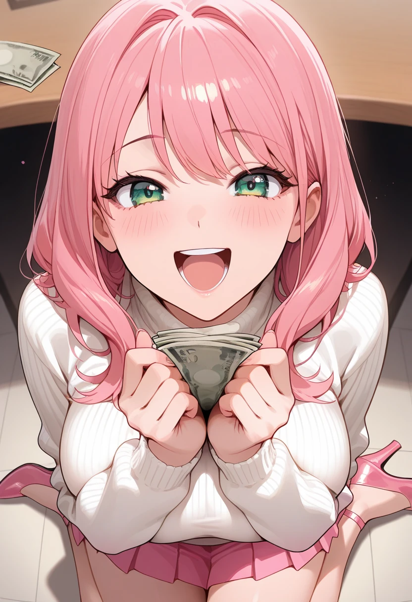 (masterpiece、top-quality、ultra-detailliert)、((1 girl))、((Pink hair twin tails))、light blue eyes、evilsmile、piercings、((very Bigger breasts))、((Condom Wrapper))、(White turtleneck sweater)、((black lace panties))、cowboy shot、bedroom background