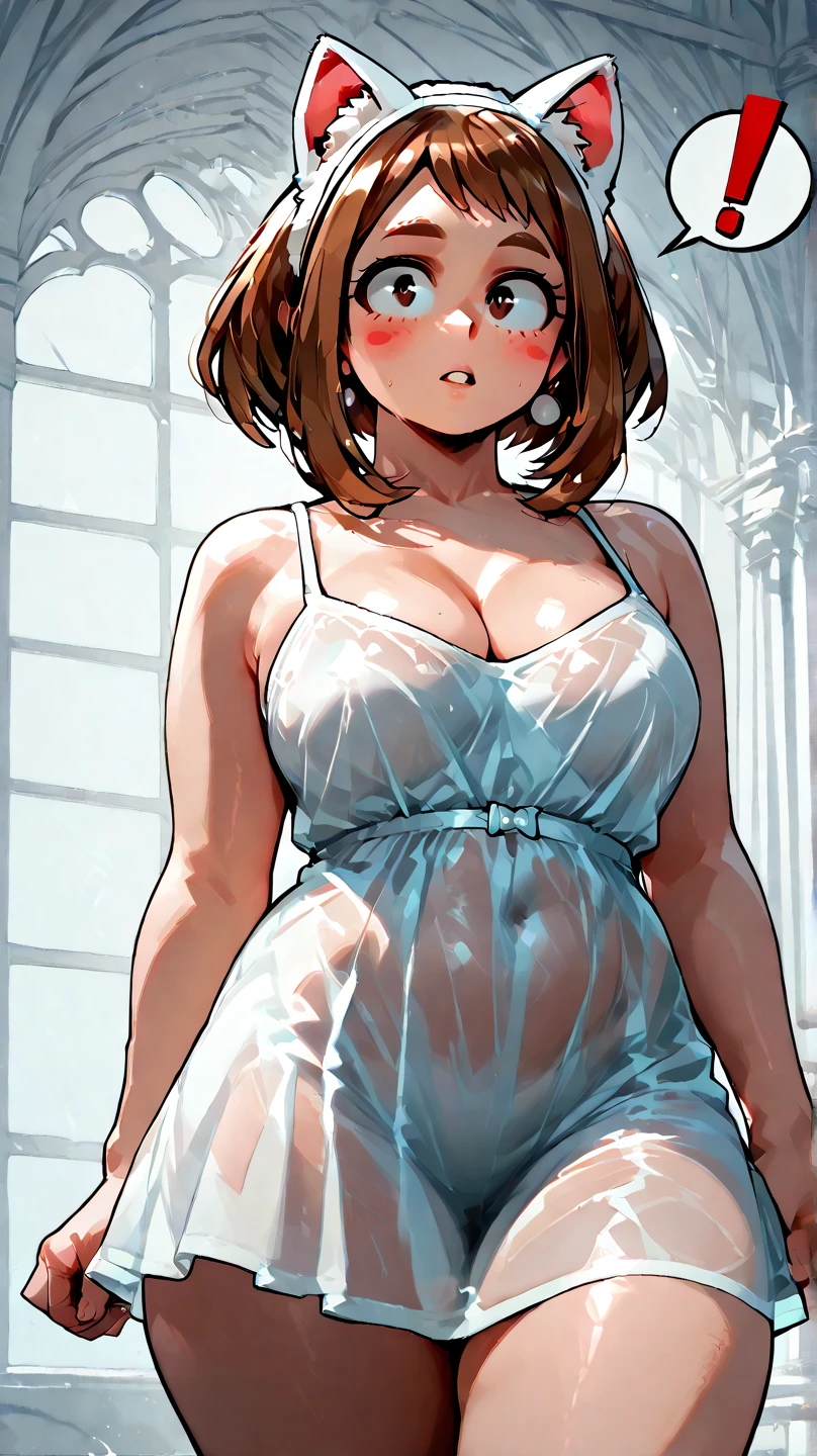 Beautiful woman, curvy body shape, wide waist, fitting breasts, curvy accentuated booty, messy hair, bedroom look, taniaayusiregar, transparent dress, burgundy striped, standing, old farm house bedroom, small Mountain village, photorealistic, Masterpiece, bokeh, summer, nsfw, low angle shot