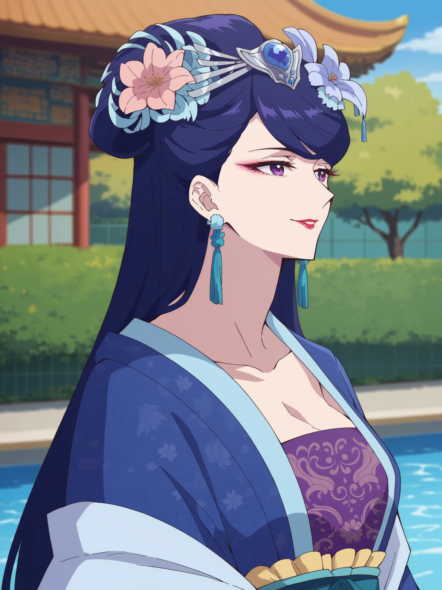 (best quality, masterpiece),Pear Blossom,Every Single Person at the Drugstore,(Mr.々 Poses ),long hair, purple eyes, purple hair, flower, earrings, hair flower, makeup, lipstick,Chest, Jewelry, Chinese clothing, Hanfu,Outdoors,garden,Pool,smile,(viewers on my mom),