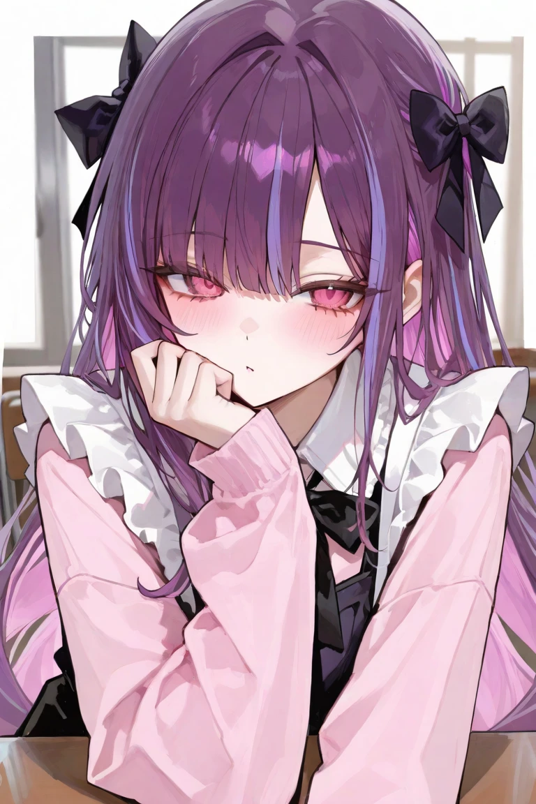 upper body, 1girl, wallpaper, light particles, bed, background, look at viewer, tape gag, purple skirt
