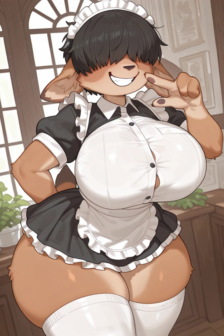 female, solo, human, brown hair, short hair, smile, blush, brown eyes, medium breasts, sexy maid uniform, maid headdress, black dress, looking behind, (nsfw:1.5), black cat ears, breasts out, nipples, paizuri, cum on breasts, cum on face