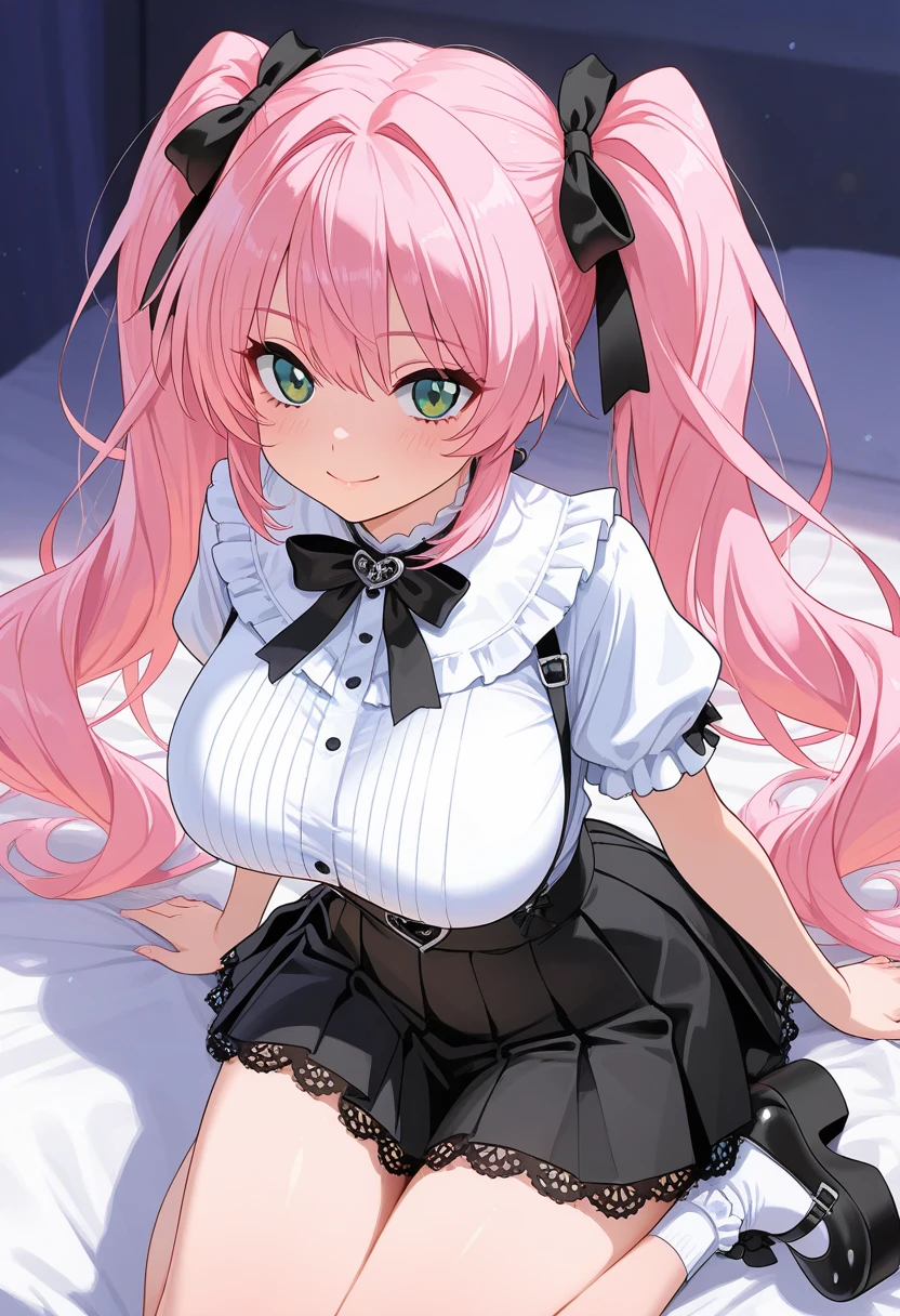 1girl,breasts,pink_hair,solo,twintails,cleavage,pink_eyes,looking_at_viewer,fang,large_breasts,long_hair,open_mouth,areola_slip,smile,bangs,blush,hair_ribbon,corset,black_bowtie,:d,sidelocks,skirt,hair_intakes,hair_bow