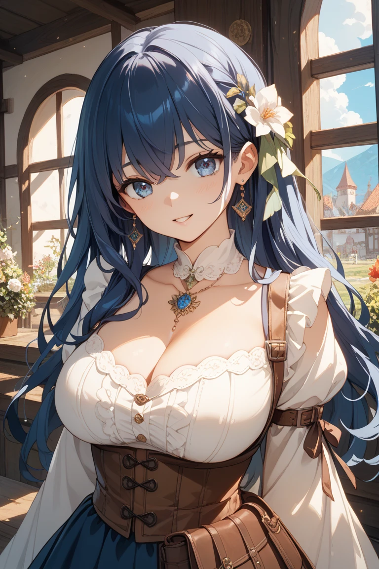 absurd, 8K, high resolution, Ultra-detailliert, beautiful, Meisterwerk, best quality, very pretty woman, Jung, dunkelblaues Haar, Sonnenhut, Gartenschere, Florist, (very huge breasts:1.4), (rundes Haar:1.6), detailliertes Frauengesicht, Sehr attraktiv, Im Blumenladen, Blumen