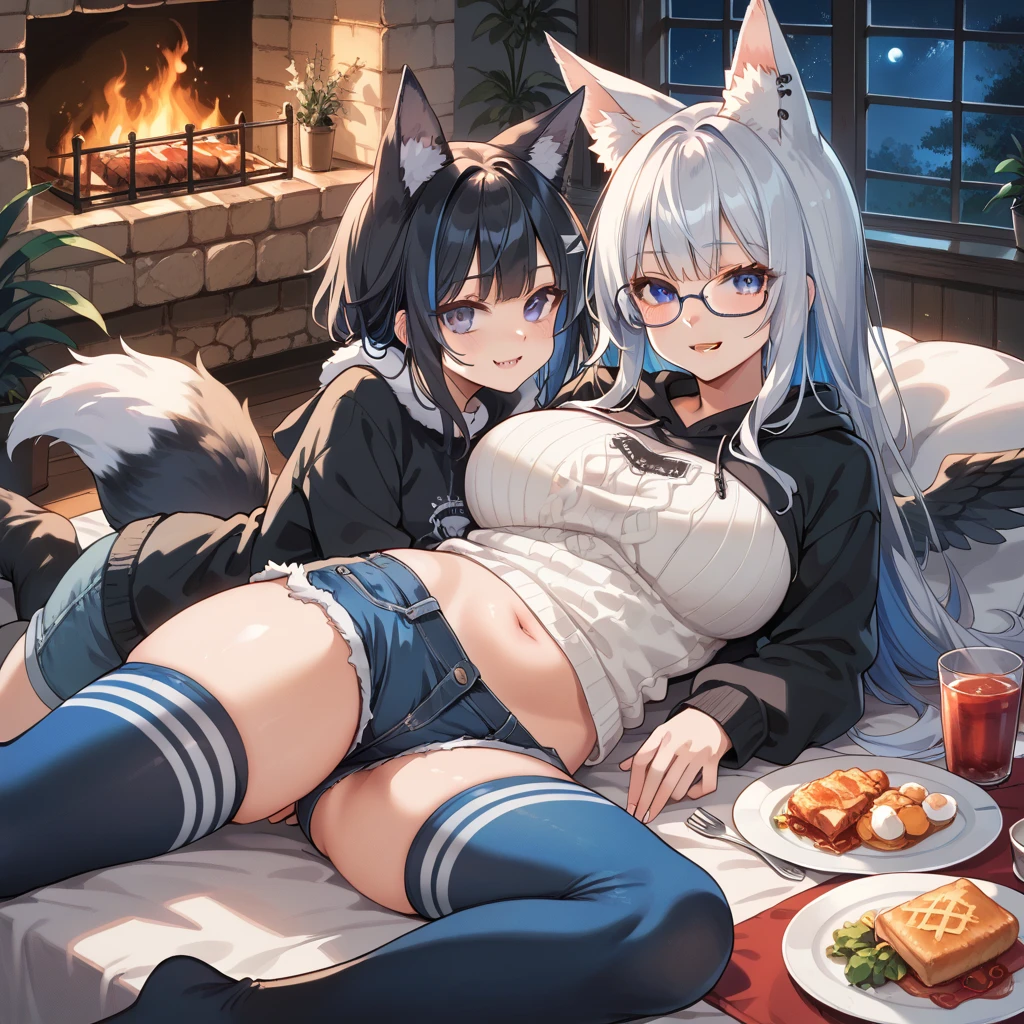 Multiple girls, (detailed fluffy fur), (feral cat:1.3), two-tone hair, (high quality), high resolution, detailed eyes, detailed shadows, (nightwear:1.3), (red collar with orange gem:1.1), high quality), high resolution (digital painting), (8k), (1 tail:1.1), large breasts, (fluffy fur1.1), detailed eyes, makeup, eyeliner, shocked expression, in bedroom, (cottage core:1.1), nighttime, lamplight, (quadrupedal:1.3), (four legged:1.2), (quadruped:1.1)