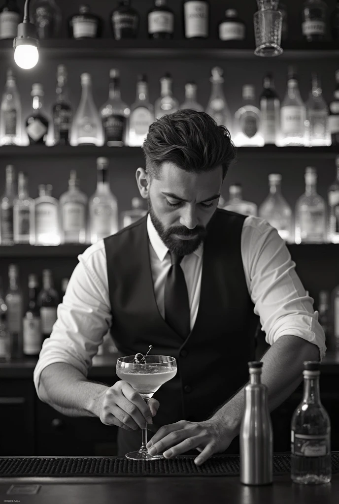 Authentic BAR,( The bartender&#39;s right thumb was amputated at the second knuckle.), steampunk，1800&#39;s Mojito, Spectacular landscapes, , Extremely precise movements, A sublime and delicate work, Cocktail,  masterpiece, 8k, high quality, Hands are a key element in the scene, The hands are very realistic and sharp，I don't draw my face，Wine Bottle Background、Dark interior，The muddler is silver