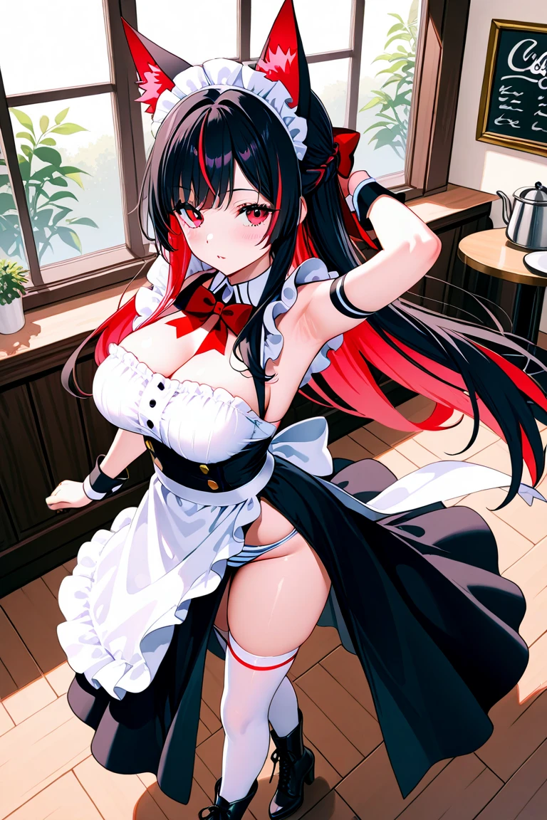 (((A skirt is pulled up and a narrow area of black pants,)))Half-naked,nsfw.Smile,aatomari, long hair, ahoge, twintails, hair bow, multicolored hair, rabbit ears, nsfw maid uniform, x hair ornament, thick eyebrows, choker, criss-cross halter, yellow necktie, bare shoulders, black gloves, frills, layered skirt, black skirt, single thighhigh,Beautiful and perfect legs, Clean and perfect hands,