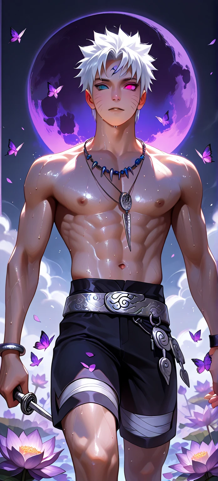 A young man with short gray hair, completely white skin, pale skin, resolute eyes, handsome face, serious expression, a metal collar around his neck, his upper body is bare, a slender yet muscular build, a purple demon tattoo is on his left shoulder, a black and white belt, cloth trousers, emitting a purple aura, he stands in a mining valley, the ground around him glowing red and cracking open, this character embodies a finely crafted fantasy-style slave warrior in anime style, exquisite and mature manga art style, dramatic, high definition, best quality, highres, ultra-detailed, ultra-fine painting, extremely delicate, professional, perfect body proportions, golden ratio, anatomically correct, symmetrical face, extremely detailed eyes and face, high quality eyes, creativity, RAW photo, UHD, 32k, Natural light, cinematic lighting, masterpiece-anatomy-perfect, masterpiece:1.5