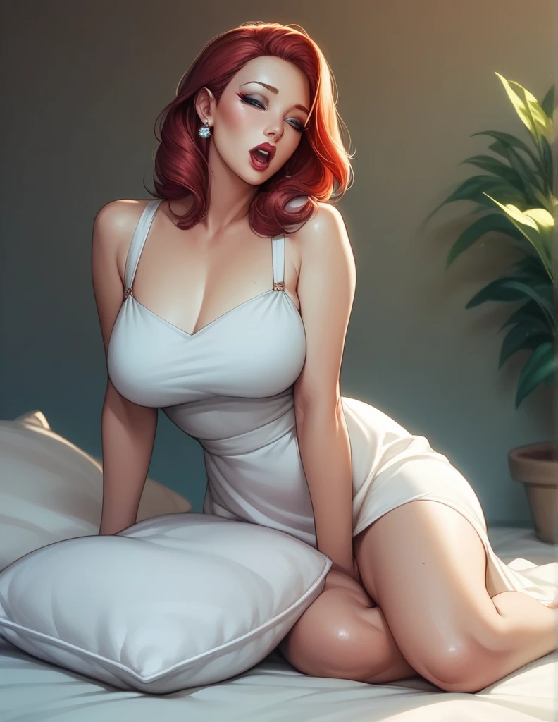 (masterpiece:1.2, best quality), realistic, (real picture, intricate details, depth of field), (1girl, solo), make up, parted lips, highly-detailed, gorgeous perfect face, (huge breasts:1.8), (skindentation), thick thighs, (wide hips), average waist, tall, Luscious red lips, (Long Voluminous Wild Scarlet Red hairs), beautiful blue eyes, (sweating:1.2), (wet), sexy, blushing, (Adult Temptress) Voluptuous, Curvy, (Seductive dynamic pose) (Hanging breasts), (Deep Cleavage), (Disproportional tits), Lustful gaze, Sultry Woman, Temptation
