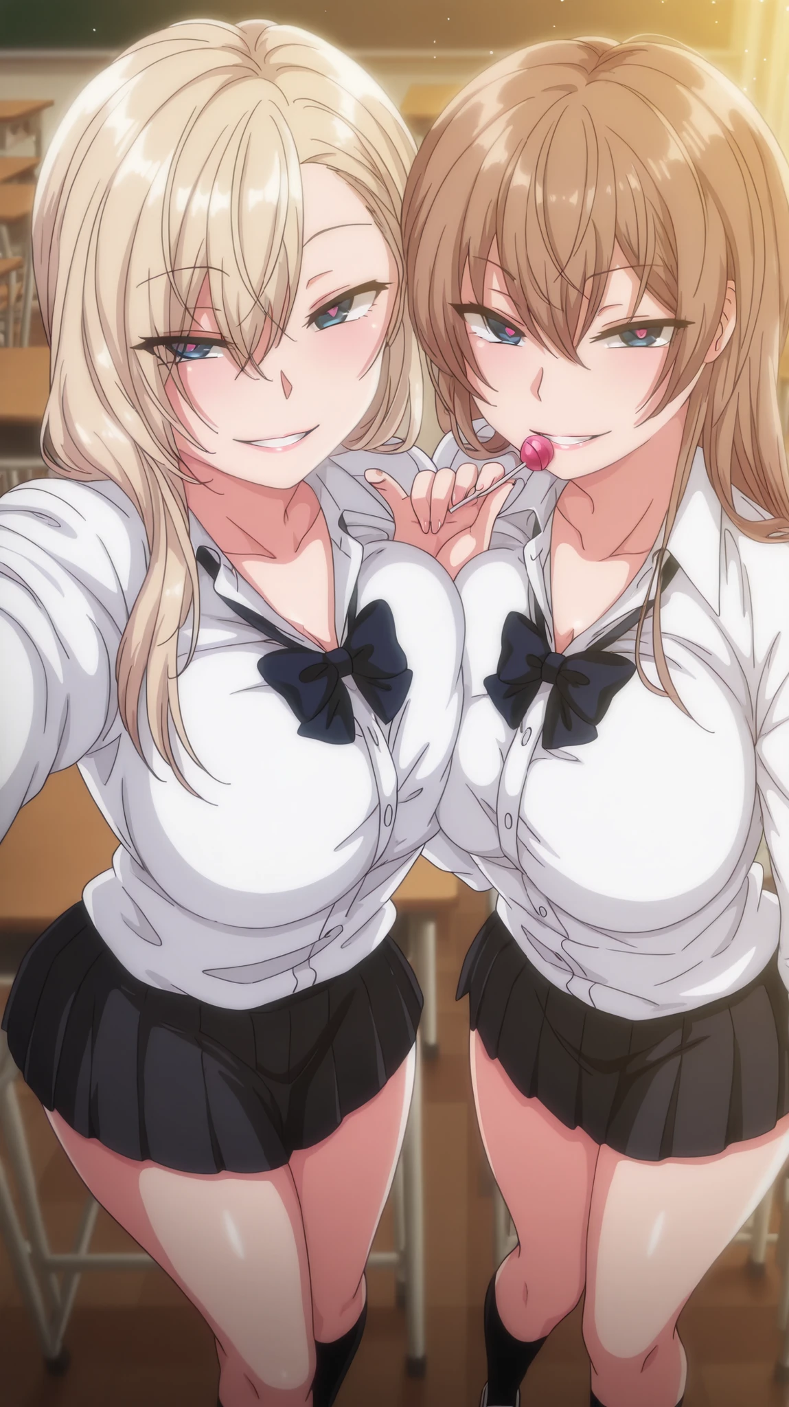 2 girls, kurashiki reigns, long hair, asymmetrical hair, large breasts, blue eyes, blonde hair, smile, narrowed eyes, parted lips, looking at viewer, naughty face, chisa, alone, chisa_IlXL,Brown Hair, slight smile, contrast, looking at viewer, seductive smile, anime coloring, expressive, sensual pose, full body, smiling, masterpiece, best quality, dynamic lighting, seductive smile, naughty, wild, looking at viewer, seductive body, sensual, school uniform detailed hand, detailed background, detailed eyes, flashy eyes, pretty eyes, perfect face, light particles, parted lips, happy, high quality(inside classroom, school desk, school chair,skirt, cholding a lollipop, heart-shaped pupils