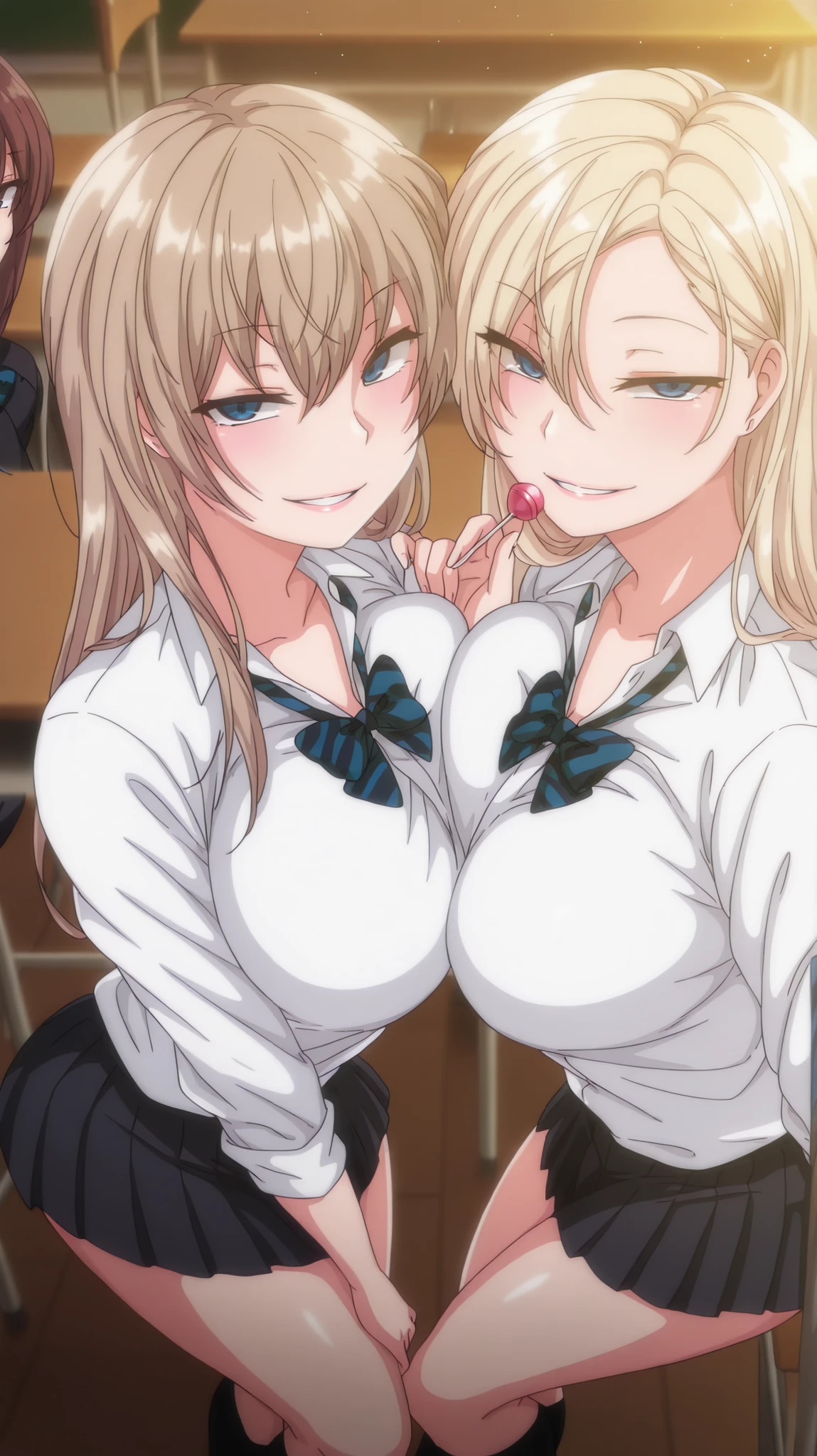 Anime Moe Art Style,Highest quality,High resolution,Anatomically correct,Multiple Girls,Mid-s,Mr.々Hair style,Super detailed,Big Breasts,Shiny skin,Beautiful Skin,A rich expression,Bright smile,high school girl,Gal-style girl,Nipples are visible,classroom,blazer,mini skirt,Hold the dress open to reveal the chest,sexy,Eyes drawn in detail,8K