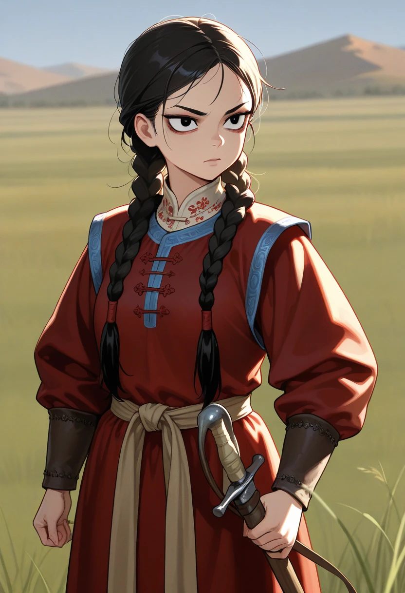 1girl, solo, mongolian, medieval, rolling grassland background, long black hair in braids, sharp eyes