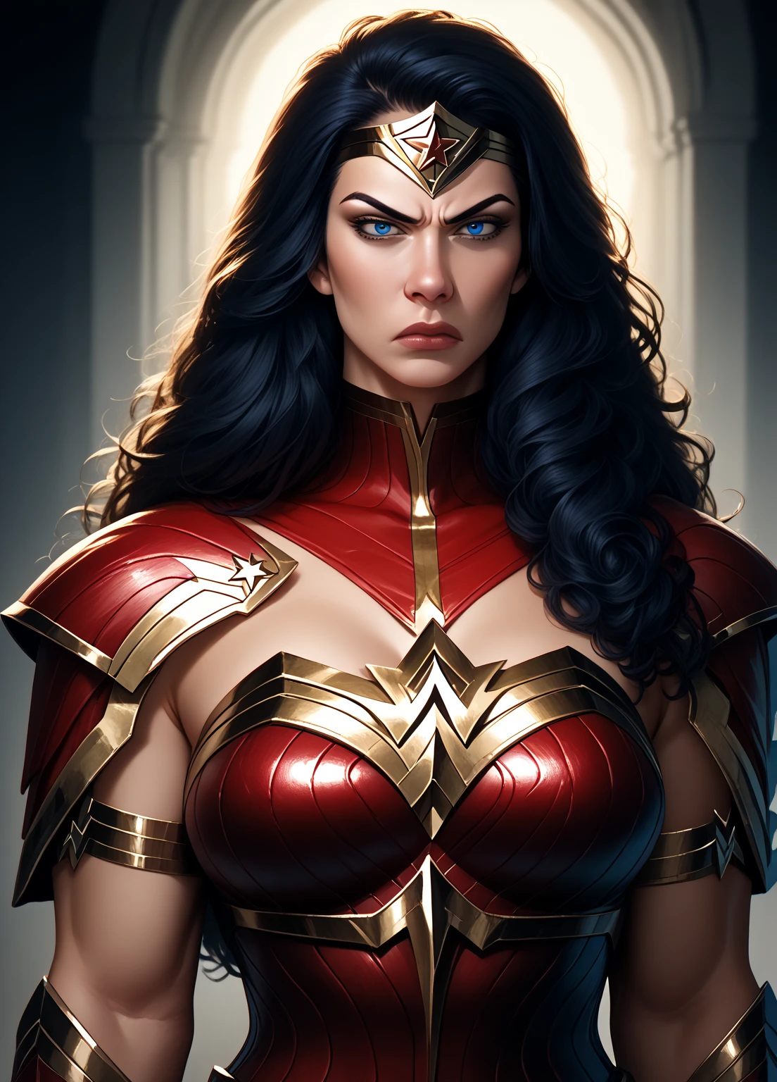 Close-up (Blood Wonder Woman from DC in Viking style: 1.3) emerging from wet black mud, extremely detailed, smoke, sparks, metal shavings, flying debris, volumetric light