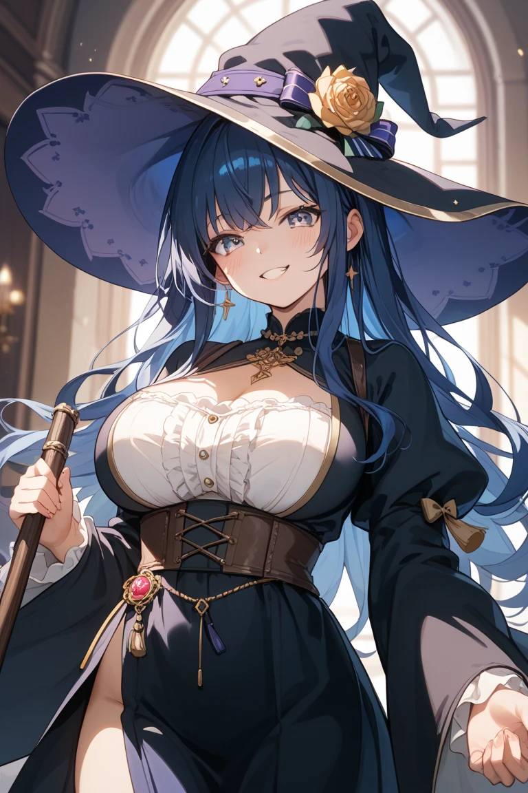 beautiful illustrations, highest quality, pretty girl,beautiful girl、clear face、 half girl、pastel colour 、smile、blush、にこやかなsmile、thighs、perfect hands、five fingers、witch、magic、fantasy、big breasts、sitting、cleavage、fantasy、dark blue hair
