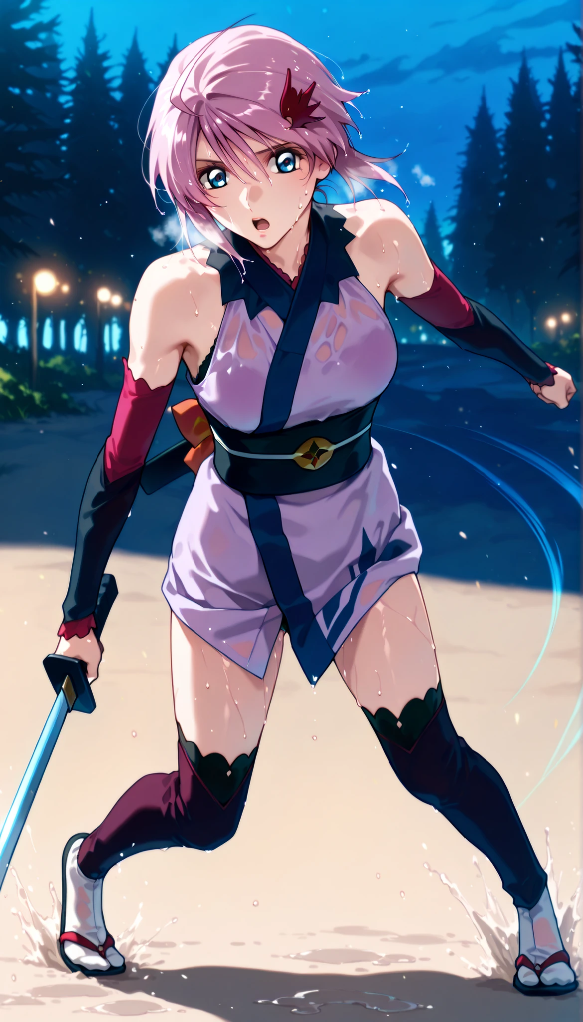 score_9, score_8_up, score_7_up, source_anime,BLE, BREAK,masterpiece, best quality, absurdres, safe 1girl, outdoors, forest, nature,,,1girl,(solo),(((lunamaria:1.4))),1girl,,(((LunamariaHawke:1.4))),(((purple hair:1.2))),((ahoge:1.2)),(((short hair:1.2))),blue eyes,,hair ornament,(ponytail),,miyamoto musashi ,(((bare shoulders, blue kimono, detached sleeves, elbow sleeve, japanese clothes, kimono, obi, sash, sleeveless, sleeveless kimono))),sword, holding sword,,black frill trimmed bra under the kimono,black panties under the kimono, NSFW,,breathing,full body,(Watery eye),(Wet body:1.45), (Leaning forward:0.6), (Beautiful valley),(Close-up of a girl:0.7),High solution,. her hair is floating in the air, Reflecting agile movements, Contrasting colors enhance the lively atmosphere of the scene, The speed effect of moving lines adds an anime touch to the action.Injecting energy unique to anime, (((add energy to the scene. Motion Effect))), (Like a subtle blur),, night, backlighting, bokeh,panty shot,full body,,bokeh,((nape of neck)), ,((Pained expression)),(((Sweat:1.4))),(((regrettable))),((stressed)),,,outdoor ,sand land:1.2,, fighting stance, open mouth,looking at viewer,motion lines:14, speed line:1.4,motion blur:1.4,,((LunamariaHawke)),(((navy kimono:1.4))),(attack guard),wind blow:1.4,