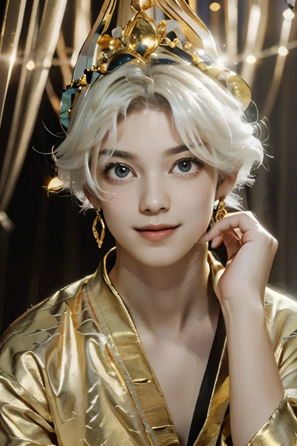 Prince Hanging Eyed with a very big golden eye((Blonde young prince with hanging eyes of gold))A beautiful boy with a very thin chin((Mash perm hair with round bangs))Prince Eminbi is Impish Smile((A very, very large golden hanging eye))Accurate and beautiful face (A boy with beautiful, smooth, silky skin1People are princes)Very Gorgeous Big Earrings、Very Luxurious Bangles((An aristocrat's orange fantasy costume with a detailed pattern))Look at Viewer(An aristocrat boy prince who closes his mouth)dynamic pose(hand on headwear)