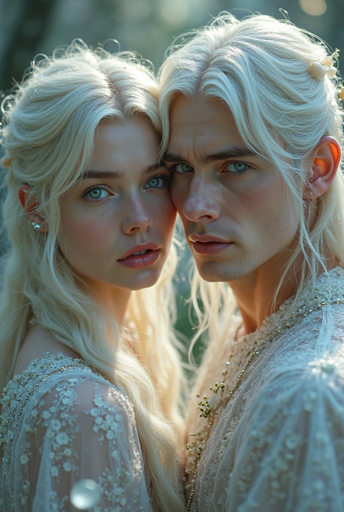 A realistic, ethereal painting of a love scene between a couple: gorgeous long white haired male angel and blonde vampire, in a light opulent environment, hyper realism, detailed lace, realistic face, elegant Victorian gown on woman, intricate celestial uniform on man, romantic, beautiful, full body, golden embellishments, queen, delicate jewelry, elegant, digital painting, concept art, sharp focus, illustration, fantasy, 8k, soft lighting, pastel tetradic colors