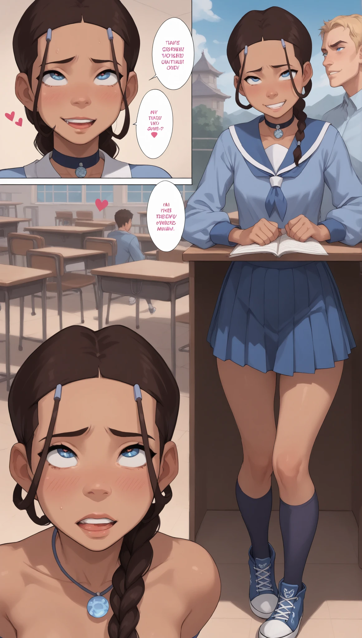 1girl, katara, brunette hair, blue eyes, nsfw rule34 comic strip style panels tell a story, braid, necklace, petite body, small breasts, flat chest, posing seductive, eyes rolling back, cute nervous expression like she knows what's about to happen, her panties down around ankles, begging, in a trance, playful, excited, red face, white converse sneakers white, pleasure, tight, hearts in eyes, flaunting big butt, natural pose waiting for you, lying down, huge oversized butt, bent over desk, school uniform, white sporty thigh high socks, classroom, skirt, white converse shoes, clothed/unclothed, before and after
