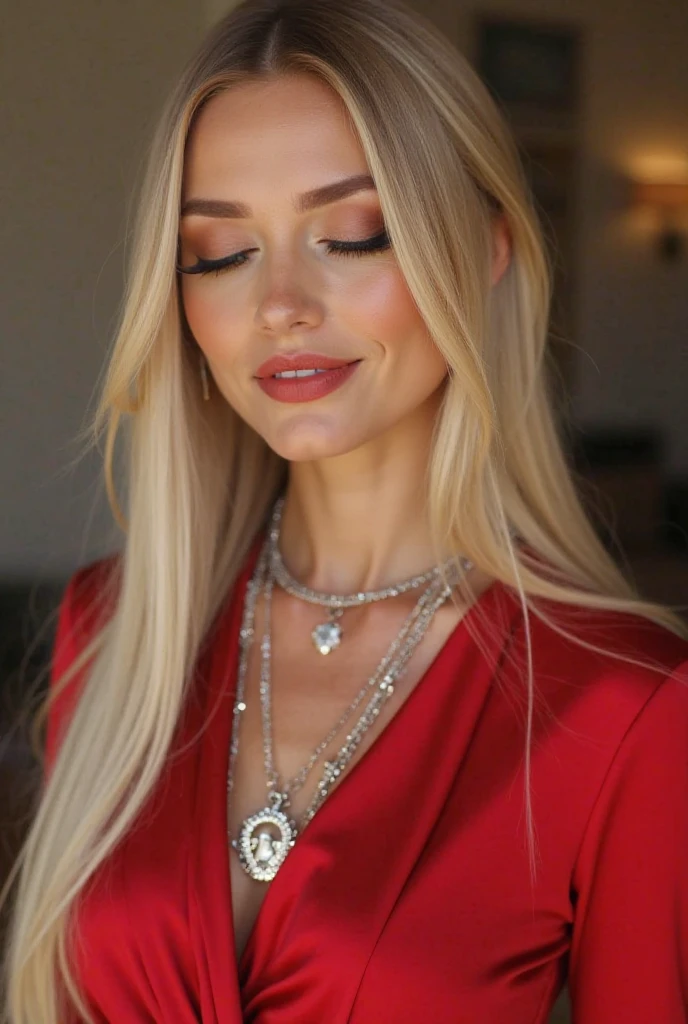 hyperrealistic beautiful busty 18-year-old girl with long legs wearing shiny red-gold onepiece swimwear, model shooting full body photography, dyed white hair with curly bob, dark eye makeup with eyeliner, seductive smile, small necklace, 8K, Best quality, Meisterwerk, ultra high resolution, (Realismus: 1.4), Originalfoto, (realistische Hautstruktur: 1.3), (Filmkorn: 1.3), (Selfie-Winkel), 1 girl, Beautiful round hazel eyes and facial details, Meisterwerk, Best quality, indoor in the living room
