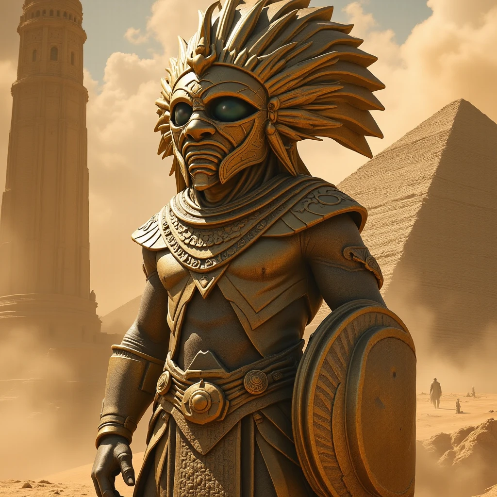 (((Osiris wearing a crown))) best quality, very high resolution, 4K detailed CG, master piece, Egyptian mythology,Osiris, pharaoh's crown,Egyptian temple,Egyptian clothes, desert,blue sky, ((Standing)) , aesthetics, Beautiful image, centered on the screen