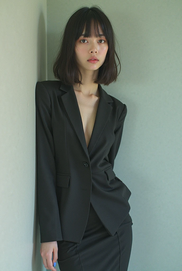 (A hyper-realistic), (illustratio), (hight resolution), (8K), (ighly detailed), (The best illustrations), (beatiful detailed eyes), (top-quality), (ultra-detailliert), (masterpiece), (wall-paper), (detailed face), droopy eyes,full of sweat, full body, long legs,Armpit,short-hair,inner colored,solo, big breast, japanes, Colossal tits、A smile, wearing black formal blazer, short skirt, on the street