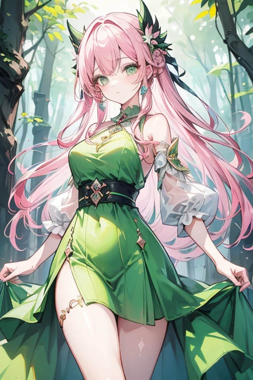 Woman in her 30s hair made of green leaves wooden antlers on her head dressed in leanas and leaves feet made of roots and vines pink eyes on her back vines with thorns like tentacles