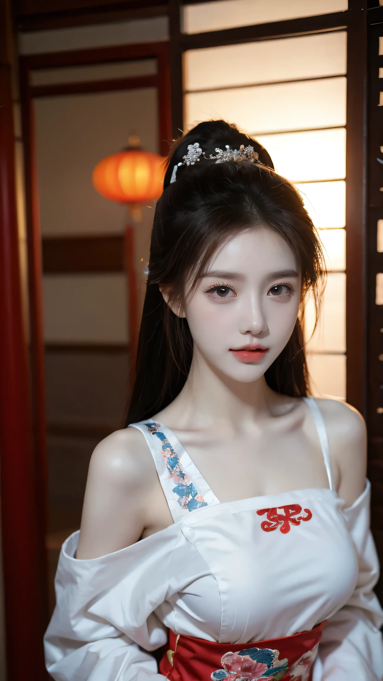 (18 years old chinese fashion female model),panoramic,Shoulder,Perfect Eyes,Perfect Iris,Perfect Lips ,perfect teeth,perfect skin,white, Soft Headlights ,headlight, Chinese girl,Yarn(Colorful Chinese costume),(Chinese woman';Hairstyle),(Multiple dynamic poses),background Chinese interior decoration,Green tree outside the window , Good quality ,masterpiece,ultra high resolution,(realistic:1.4),original photo(Super realistic details), best quality