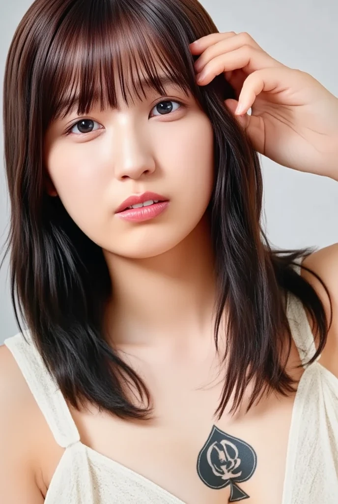 1 girl, (Wear casual clothes in spring:1.2), Very beautiful Japanese idol portraits,
(RAW Photos, highest quality), (Realistic, Realistic:1.4), (masterpiece),
Very delicate and beautiful, Very detailed, 2k wallpaper, wonderful, finely, Very detailed CG Unity 8K 壁紙, Very detailed, High resolution, Soft Light,
Beautiful detailed girl, Very detailed目と顔, Beautiful and detailed nose, Big beautiful eyes, Cinema Lighting,
(Simple light color background:1.3),
(Medium Hair), (Parted bangs),
Complete Anatomy, Slender body,Big Breasts, Sensual look