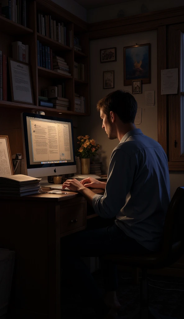 1girl sitting her desk, studying in her room, ,at night, doing homework, a studyroom with a window, moon in the background, raining, soft light,