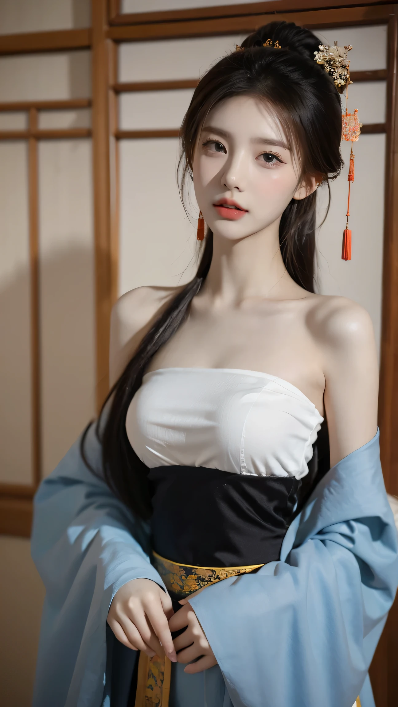 (18 years old chinese fashion female model),panoramic,Shoulder,Perfect Eyes,Perfect Iris,Perfect Lips ,perfect teeth,perfect skin,white, Soft Headlights ,headlight, Chinese girl,Yarn(Colorful Chinese costume),(Chinese woman';Hairstyle),(Multiple dynamic poses),background Chinese interior decoration,Green tree outside the window , Good quality ,masterpiece,ultra high resolution,(realistic:1.4),original photo(Super realistic details), best quality