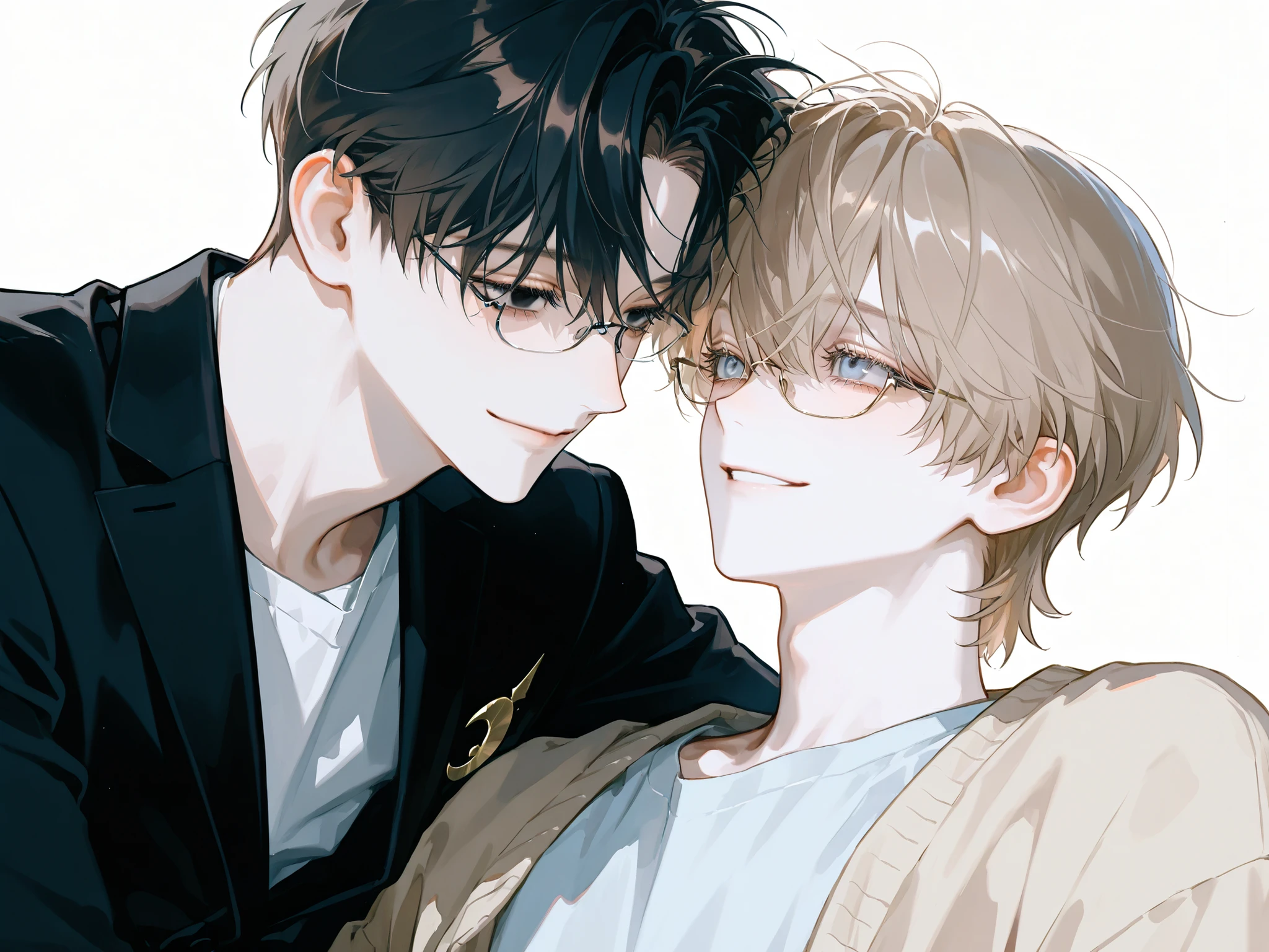 (1 boy, kind, soft, light wheat brown hair, short hair, soft pastel blue eyes, ((a friendly smile)), crescent eyes, droopy eyes, eyelashes, pale skin, wearing a loose cardigan, over a t-shirt, ((no glasses))),

(1 man, black eyes, black hair, short hair, black suit, half rimless glasses, pale skin)

couple, boys love, eye contact each other, lovely, love, soft atmosphere