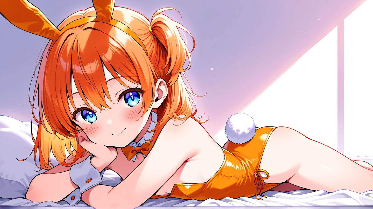 6 year old girl, orange hair, shoulder length ponytail, pink clip, dark blue eyes, bikini