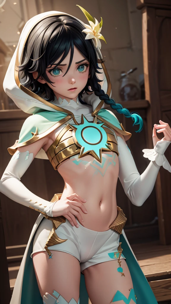 ventiarc, hair flower, crop top, bridal gauntlets, hooded capelet, white shorts, single thighhigh, midriff, naked, tight clothing, see through, , femboy, 1 girl, solo, sweat, jacking off, cameltoe,