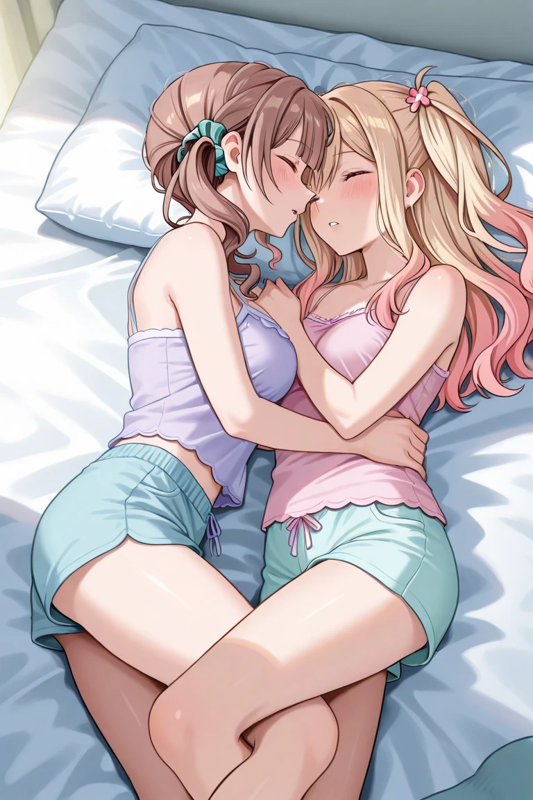 hyperrealistic anime,curvy gyaru lying side by side,tanned gyarus,at home,dark pink light,naughty smile,mother milk