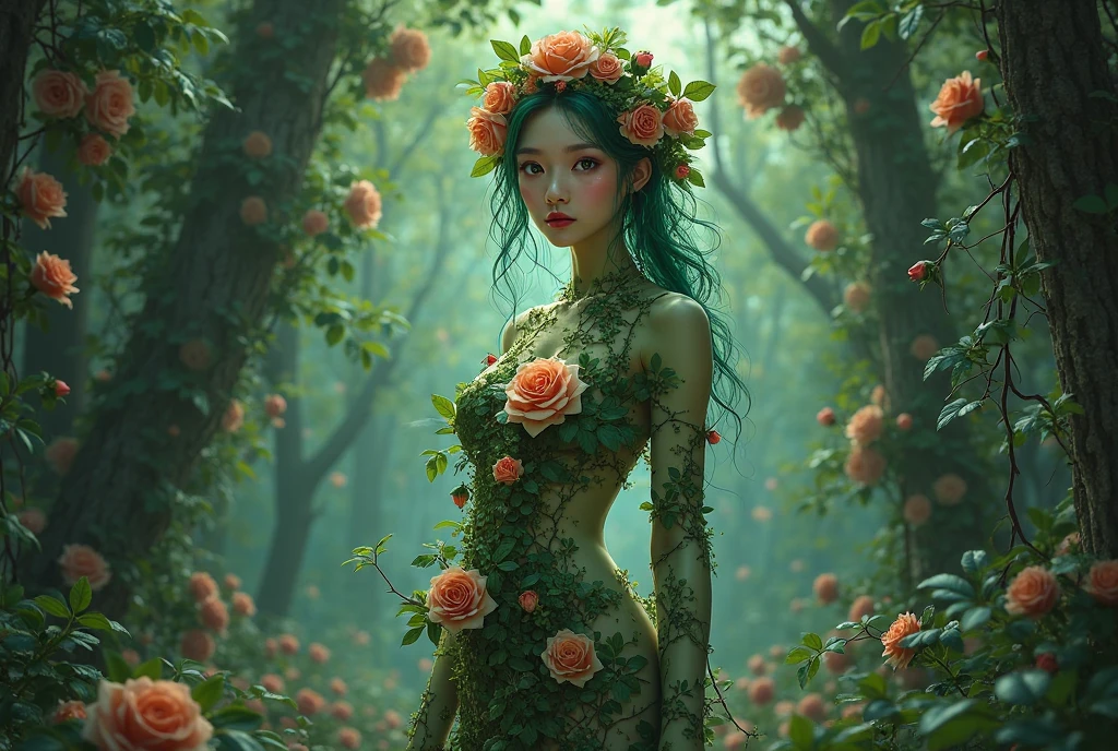 (best quality,4k,8k,highres,masterpiece:1.2),ultra-detailed,(realistic,photorealistic,photo-realistic:1.37),HDR,UHD,studio lighting,ultra-fine painting,sharp focus,physically-based rendering,extreme detail description,professional,vivid colors,bokeh,
A woman with green skin and fiery red hair stands in a lush garden, surrounded by vibrant foliage. Her eyes shimmer with an otherworldly glow, reflecting the power of nature within her. Her lips, full and seductive, hint at the secrets she holds and the allure of her presence.
The woman, known as the Mother of Nature, exudes an aura of strength and control over the plant life around her. She wears lingerie made of intricately woven leaves, accentuating her connection to the natural world. The leaves adorning her body glisten with a dewy sheen, highlighting the intricate details and textures.
As she extends her hand, green vines emerge from the ground, swirling and twirling in the air. She effortlessly controls the movements of the vines, making them dance and twist to her will. The vines take on different shapes, intertwining with each other as they float under her enchanting control.
The garden is teeming with an abundance of green vines, both on the ground and suspended in the air. They form a mesmerizing display, creating an ethereal atmosphere that surrounds the Mother of Nature. The various shades of green reflect the diversity and vitality of the plant kingdom, enhancing the overall visual impact of the scene.
The portrait captures the essence of the Mother of Nature, showcasing her power, mystique, and connection to the world of plants. Each leaf, each vine, and every intricate detail is brought to life with utmost precision and realism. The image evokes a sense of awe and wonder, inviting viewers to delve into the beauty and secrets of the natural realm.
With its high resolution and exquisite quality, this portrait embodies the mastery of an accomplished artist. The use of studio lighting enhances the depth and dimensionality of the image, allowing the character and environment to come alive. The colors are vivid and vibrant, creating a visually captivating experience.
The overall atmosphere of the image is defined by a warm and earthy color palette, reminiscent of the natural hues found in a lush garden. Soft, diffused lighting casts gentle shadows and highlights, adding depth and subtlety to the composition. The interplay of light and shadow creates an enchanting ambiance, drawing viewers into the captivating world of the Mother of Nature.
The composition is carefully arranged to highlight the beauty and grace of the Mother of Nature. The bokeh effect in the background adds a dreamlike quality, softly blurring the surrounding foliage and emphasizing the focal point of the image. The combination of meticulous detail, vivid colors, and skillful lighting techniques creates a truly mesmerizing artistic masterpiece.