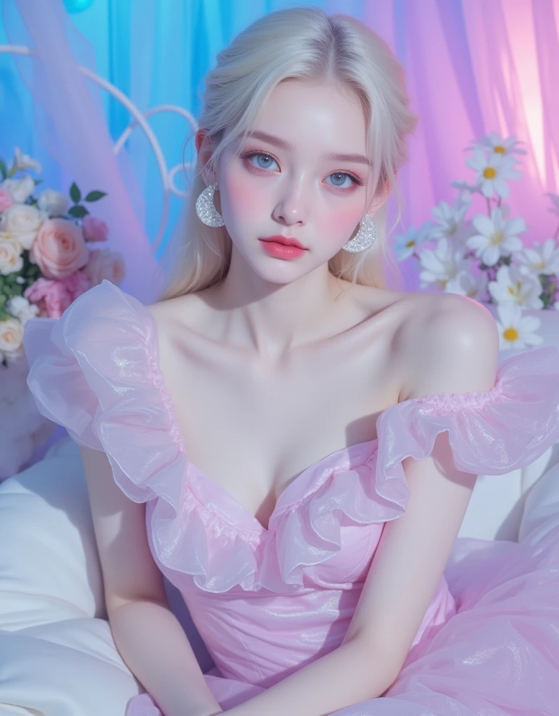 "((((Realistic)))), (Female)))), straight from real life, (hair_pink)with silver and pink hair, (pijama_pink)(((Sleeping in bed in bed in a see-through dress in transparent pink and white with eyes half-open)))), (((legs wide open, tiara, chalk)), photorealistic detail images, 8K artgerm Bokeh, photorealistic, young sensual gravure idol
