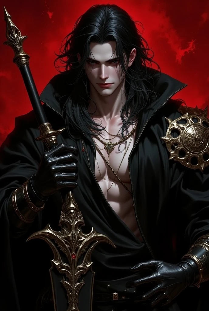 pale skin, long black hair, chiseled face, muscular, wearing a long black robe, ghostly, spiritual, red eyes, cocky smirk, manly, haunted, gothic, wearing a crown of thorns, large and muscular, staring at the camera, messy hair, smiling cockily, muscular male, serpent lower body