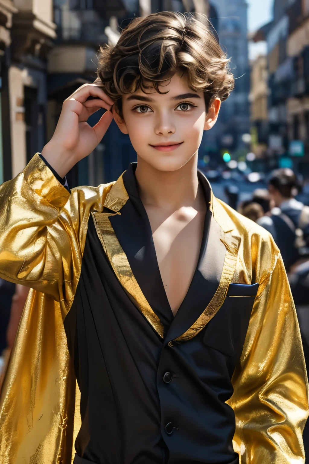 A with very large hanging eyes and golden eyes(( gold))a beautiful boy with a smooth, very thin jaw((Mash perm hair with round bangs))Prince Eminbi is Impish Smile((very big golden hanging eyes))Accurate and beautiful face (a boy with beautiful, smooth, silky skin1Man is a fantasy prince)Very luxurious large orange earrings、A very luxurious orange bangle((orange fine pattern aristocrat fantasy costume))Look at Viewer(An aristocrat boy prince who closes his mouth)dynamic pose(hand on headwear)