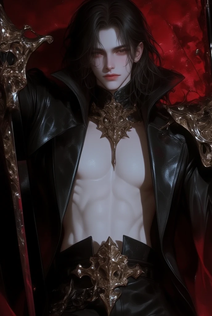 (8k,uploadsrrealista uploads Maximum quality;1.4) (1 young boy) Super cute king of the underworld hairy torso (lifelike face) (Short hair black hair) slenderbody Muscular and macho Black and black aristocratic costume with big black eyes black decoration Fangs peeking out of the mouth Pointed claws a seductive gaze Beautiful expression A hyper-realistic (King of the Underworld) appealing (real looking skin) super high resolution high détail Black and black luxury pants Black aura emanating from the body effect black robe